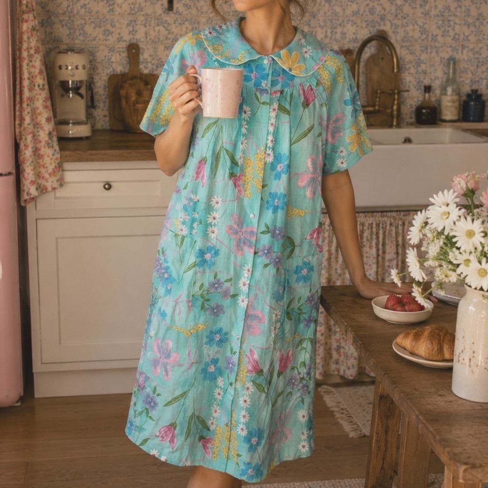 Vtg‎ Simply Basic Womens Floral House Dress Blue Snap Front Duster Pockets L Z3